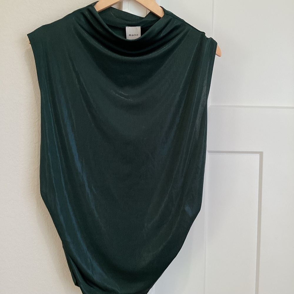 Anthropologie Mock-Neck Ruched Dressy Shine Sleeveless Blouse Maeve XL Green NWT - Picture 4 of 13